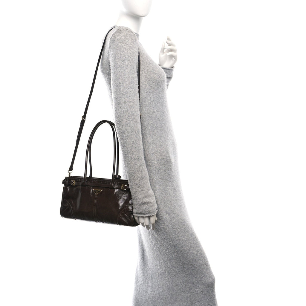 Glossy Calfskin Triangle Medium Bonnie Shoulder Bag Dark Brown