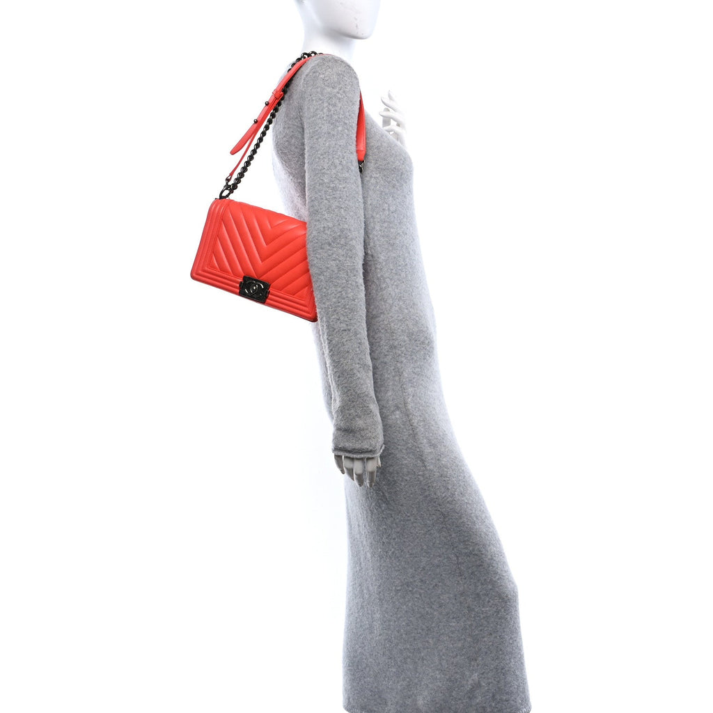 Calfskin Chevron Quilted Medium Boy Flap Coral