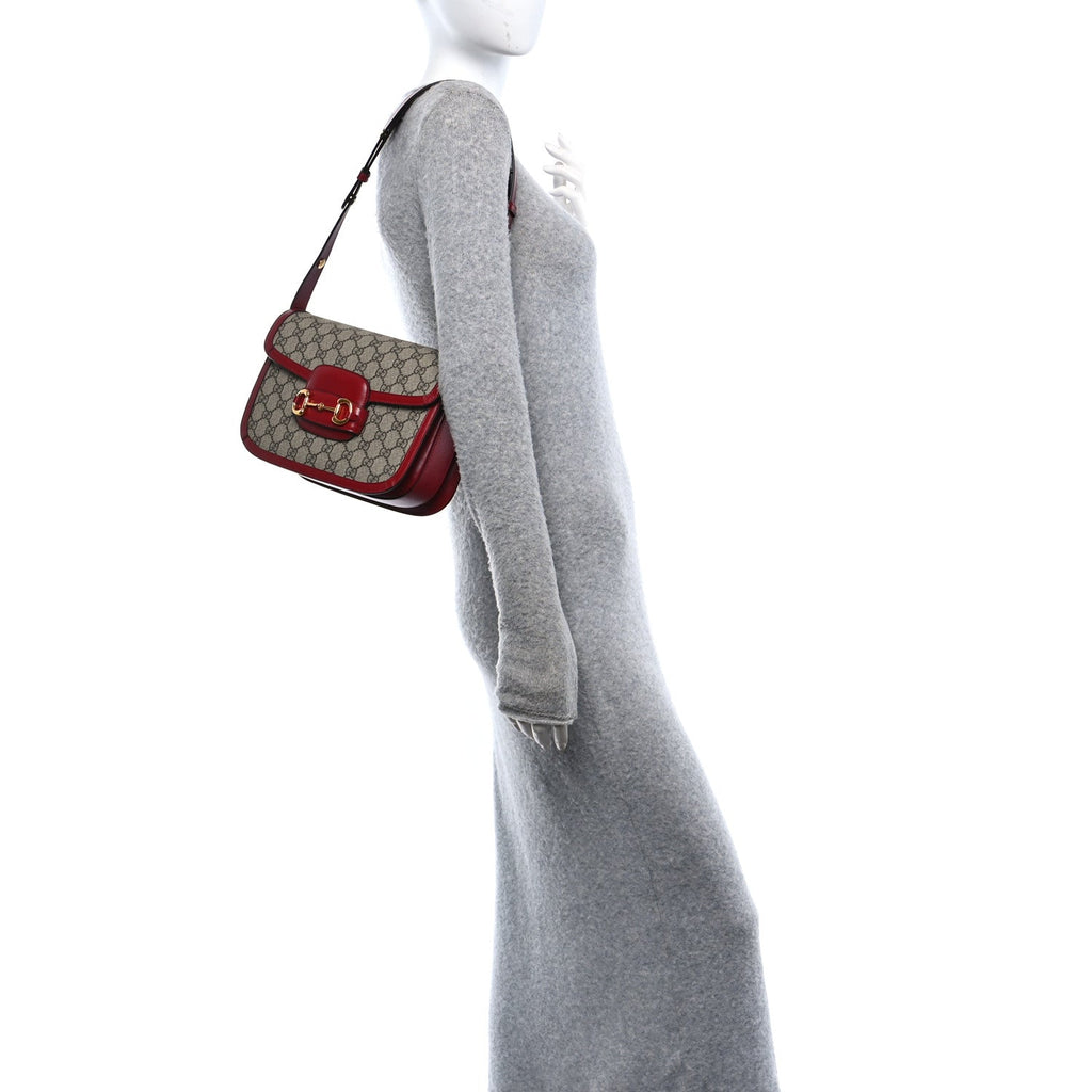 GG Supreme Monogram Azalea Calfskin Horsebit 1955 Shoulder Bag Beige Ebony New Cherry Red