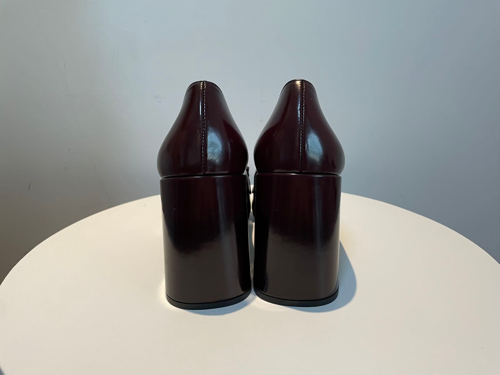 Prada Merlot Kiltie Chain Patent Leather Block-heel Pumps 39