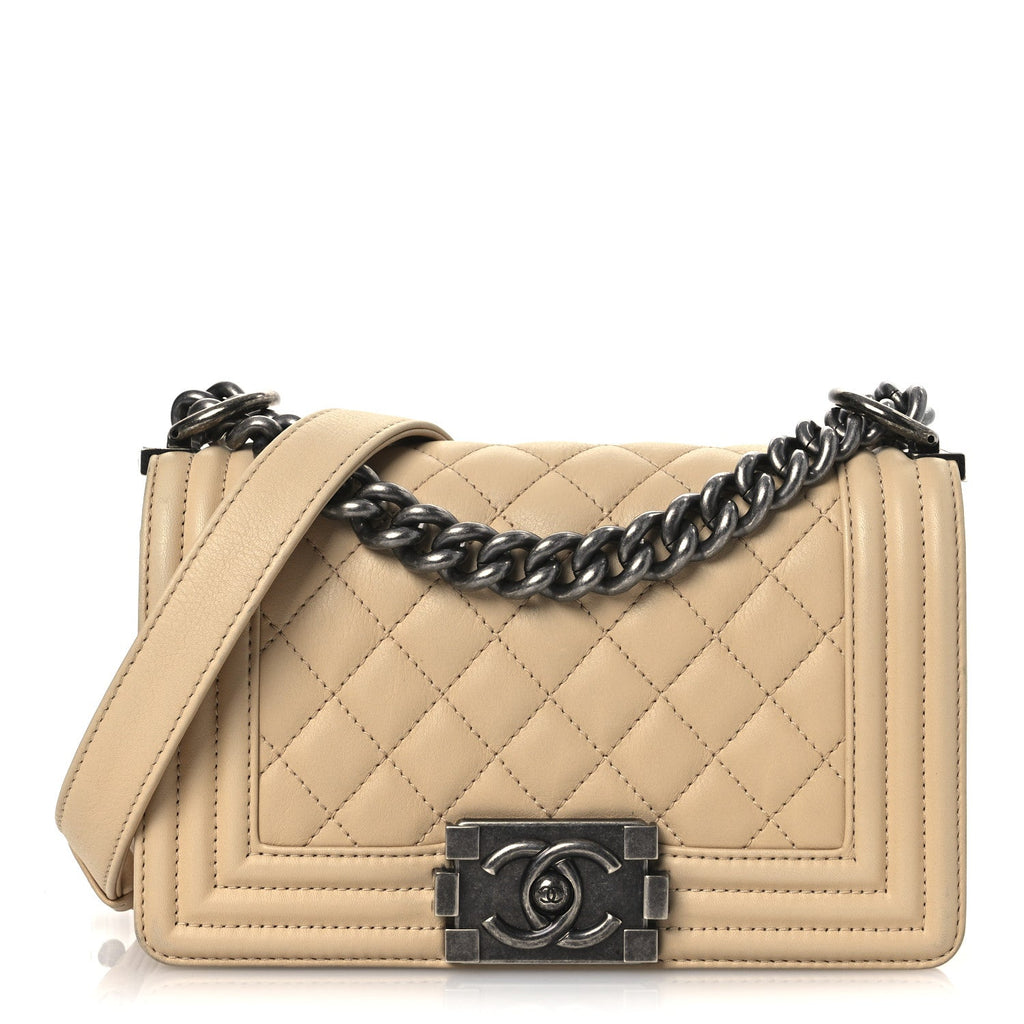 Calfskin Quilted Small Boy Flap Beige