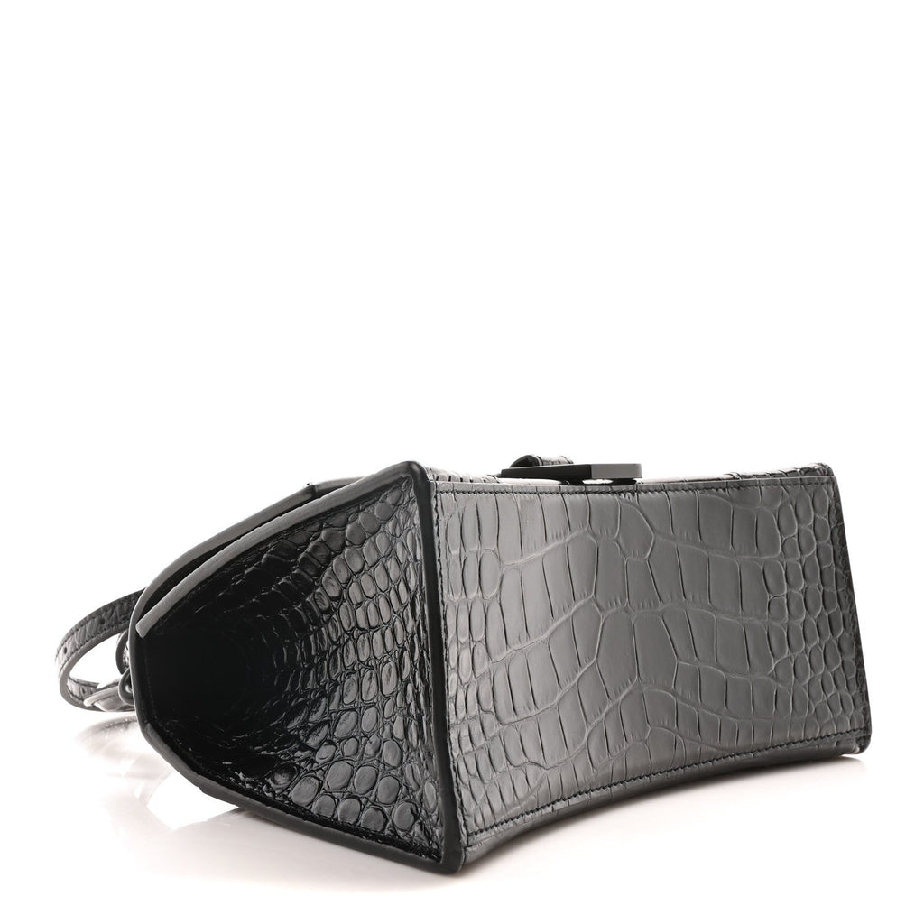 Shiny Calfskin Monochrome Crocodile Embossed Small Hourglass Top Handle Bag Black