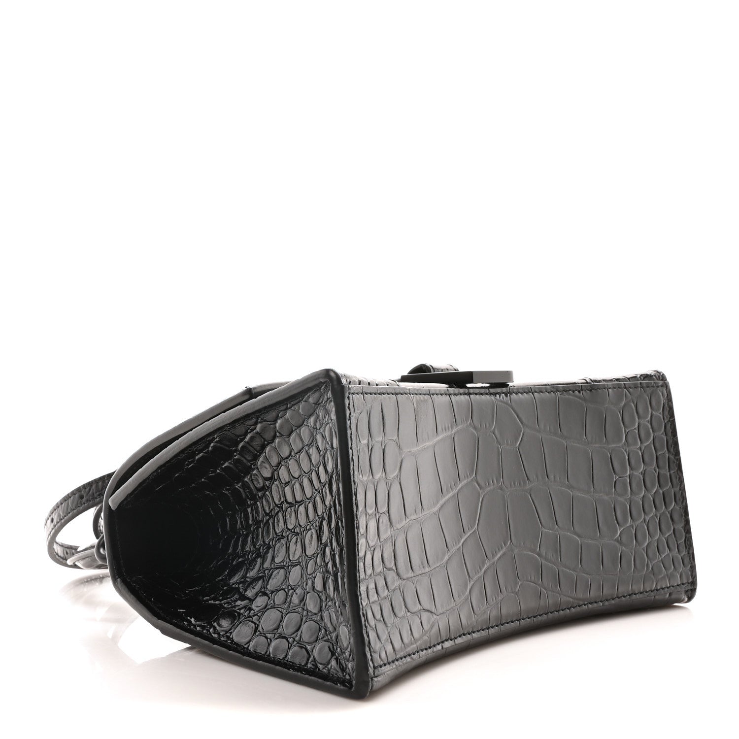Shiny Calfskin Monochrome Crocodile Embossed Small Hourglass Top Handle Bag Black