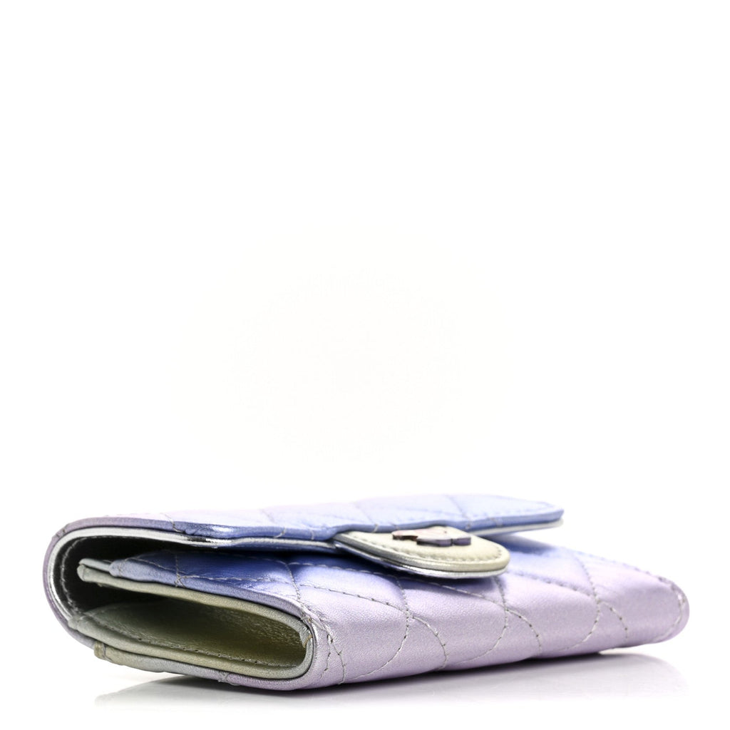 Gradient Metallic Calfskin Quilted Flap  Holder Wallet Silver Blue Yellow Purple