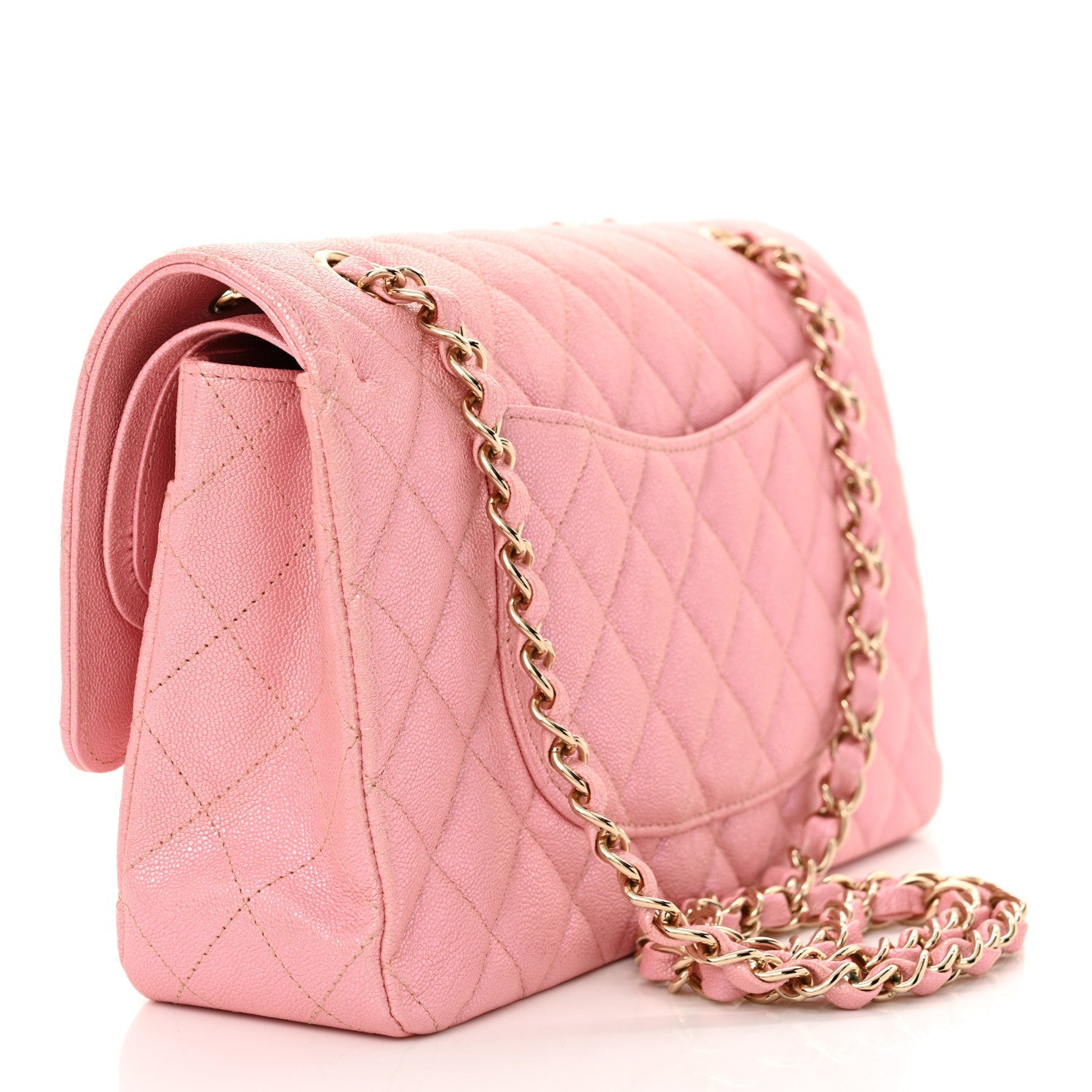 Iridescent Caviar Quilted Medium Double Flap Rose Pink