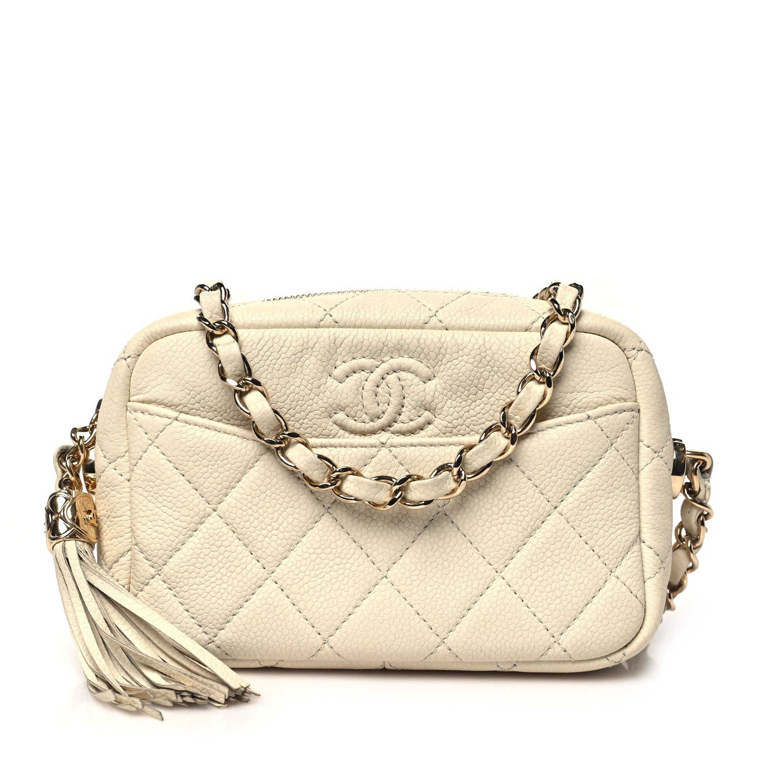 Caviar Quilted Mini Coco Tassel Camera Case White