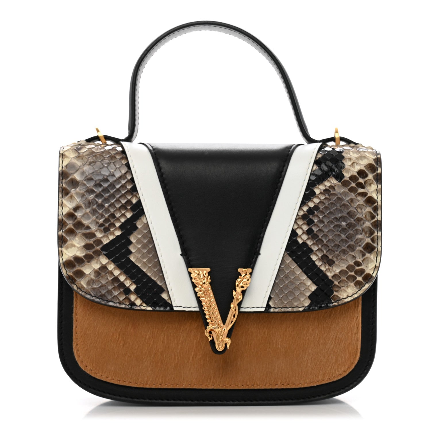 Vitello Snakeskin Calf Hair Virtus V Small Top Handle Shoulder Bag Black Brown Multicolor