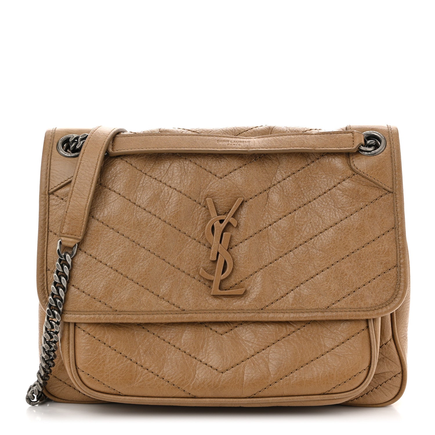Crinkled Calfskin Matelasse Monogram Medium Niki Chain Satchel Natural Tan