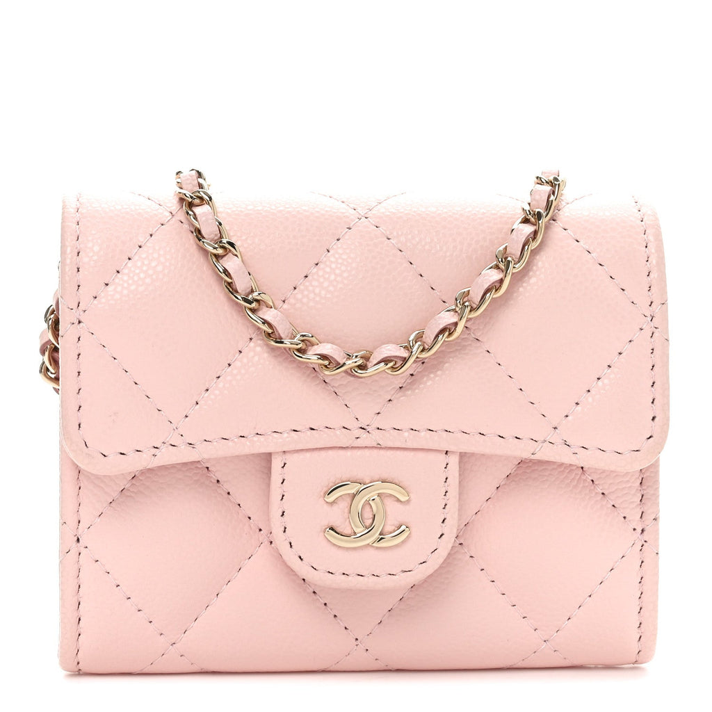 Caviar Quilted Flap  Holder On Chain Pink