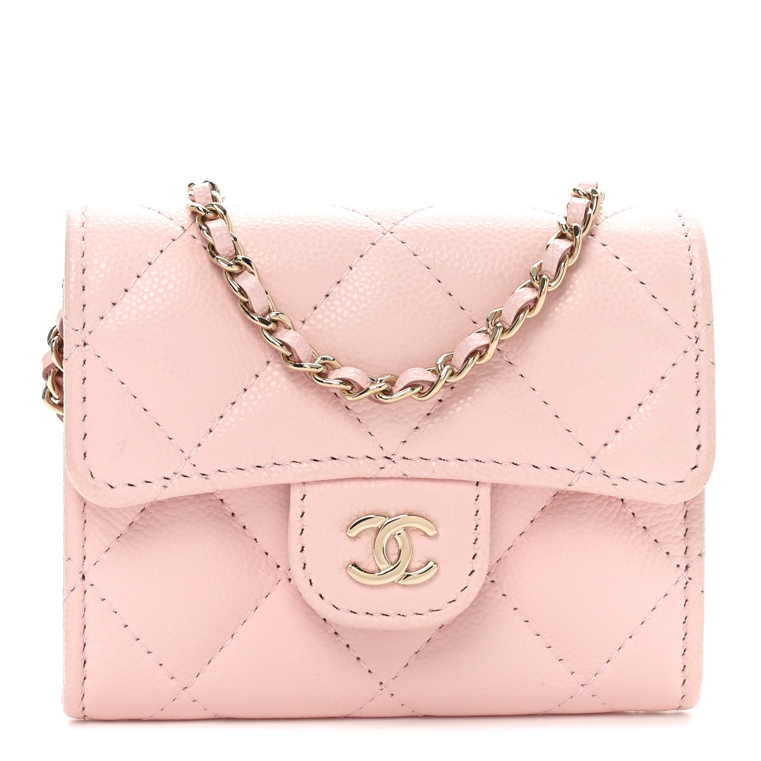 Caviar Quilted Flap  Holder On Chain Pink