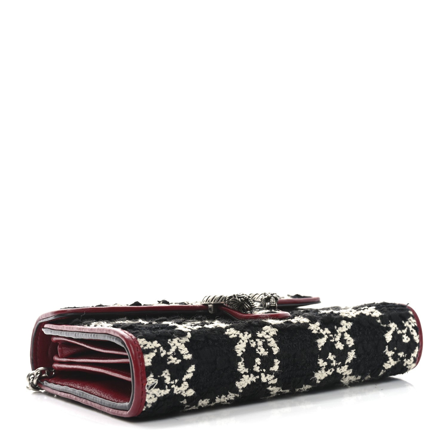 Tweed GG Monogram Mini Dionysus Chain Wallet Black White Romantic Cherry