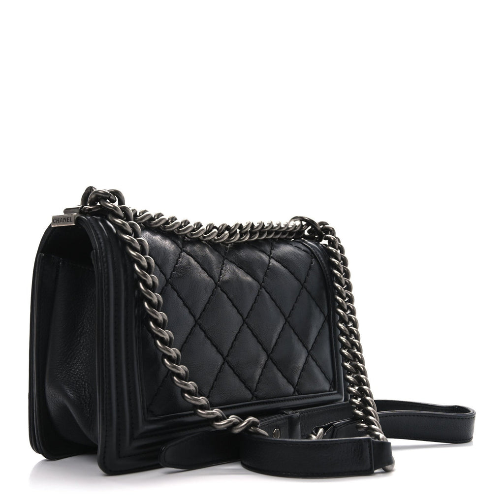 Calfskin Quilted Small Boy Flap Black