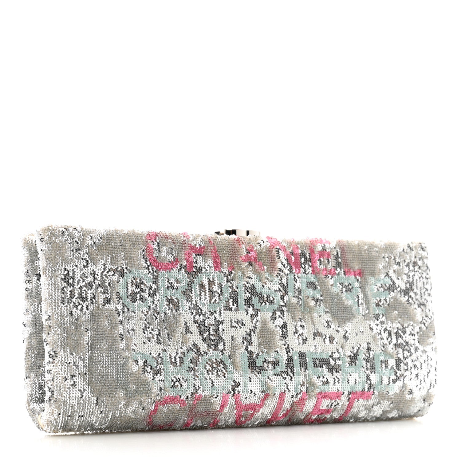 Sequin Satin Embroidered La Pausa Evening Clutch Silver Blue Pink