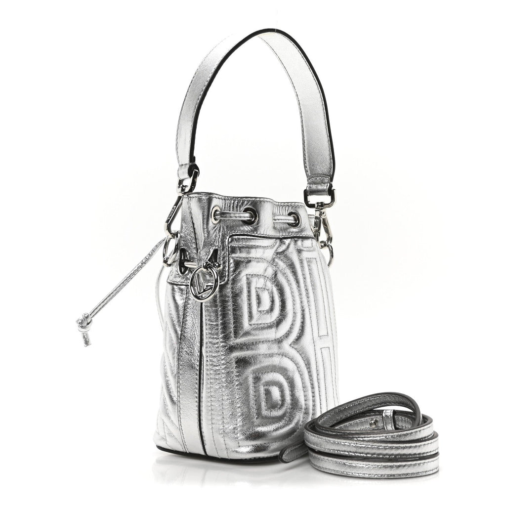 X MARC JACOBS Agnello Laminato Trapunta FF Mini Mon Tresor Bucket Bag Argento