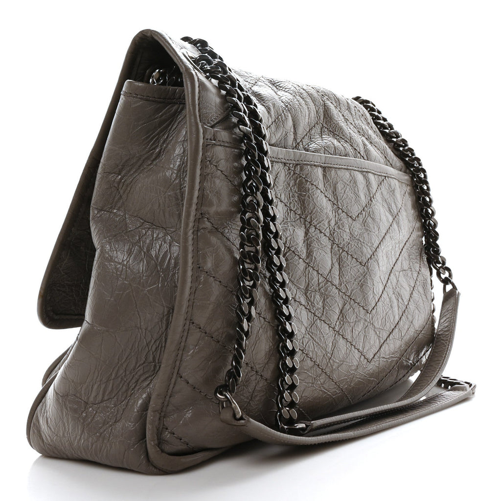 Crinkled Calfskin Matelasse Monogram Large Niki Chain Satchel Fog