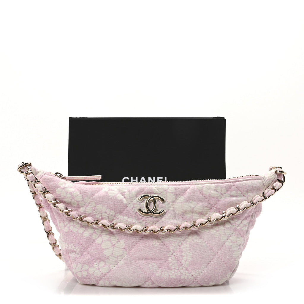 Printed Denim Quilted Large Hobo Bag Light Pink White