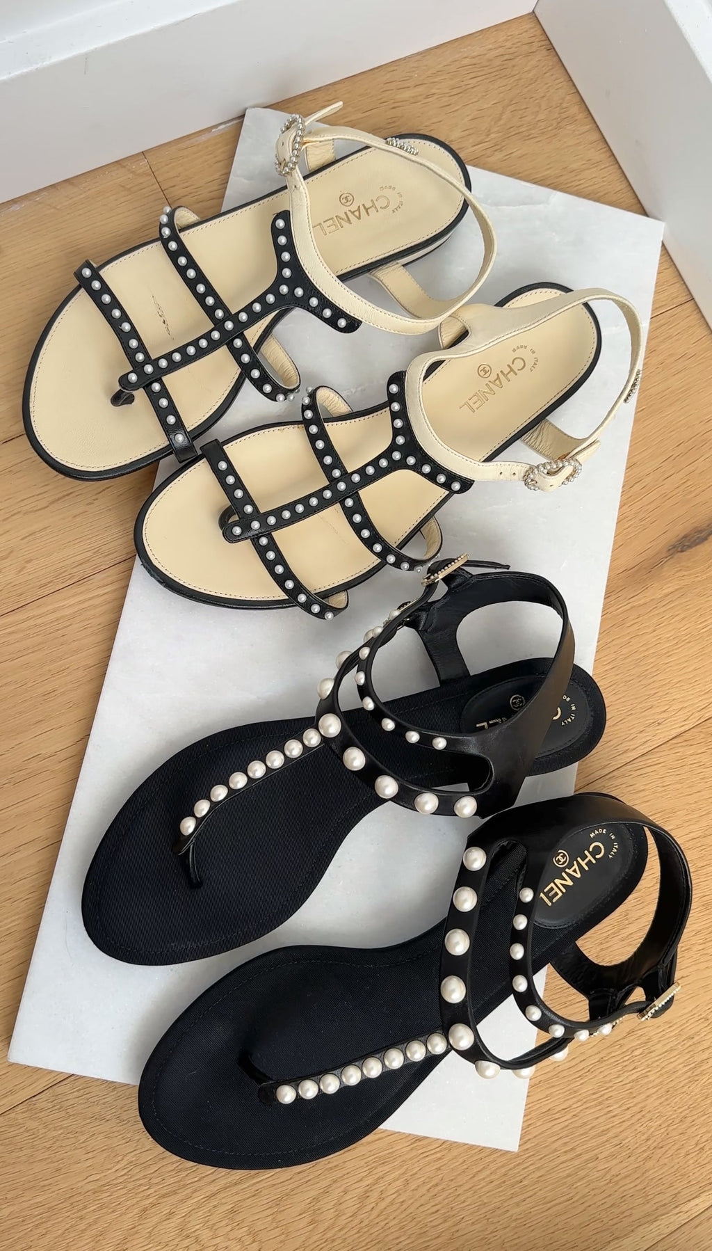 Chanel SS16 Black White Faux Pearl Cage Flat Sandals - 37 / 37.5