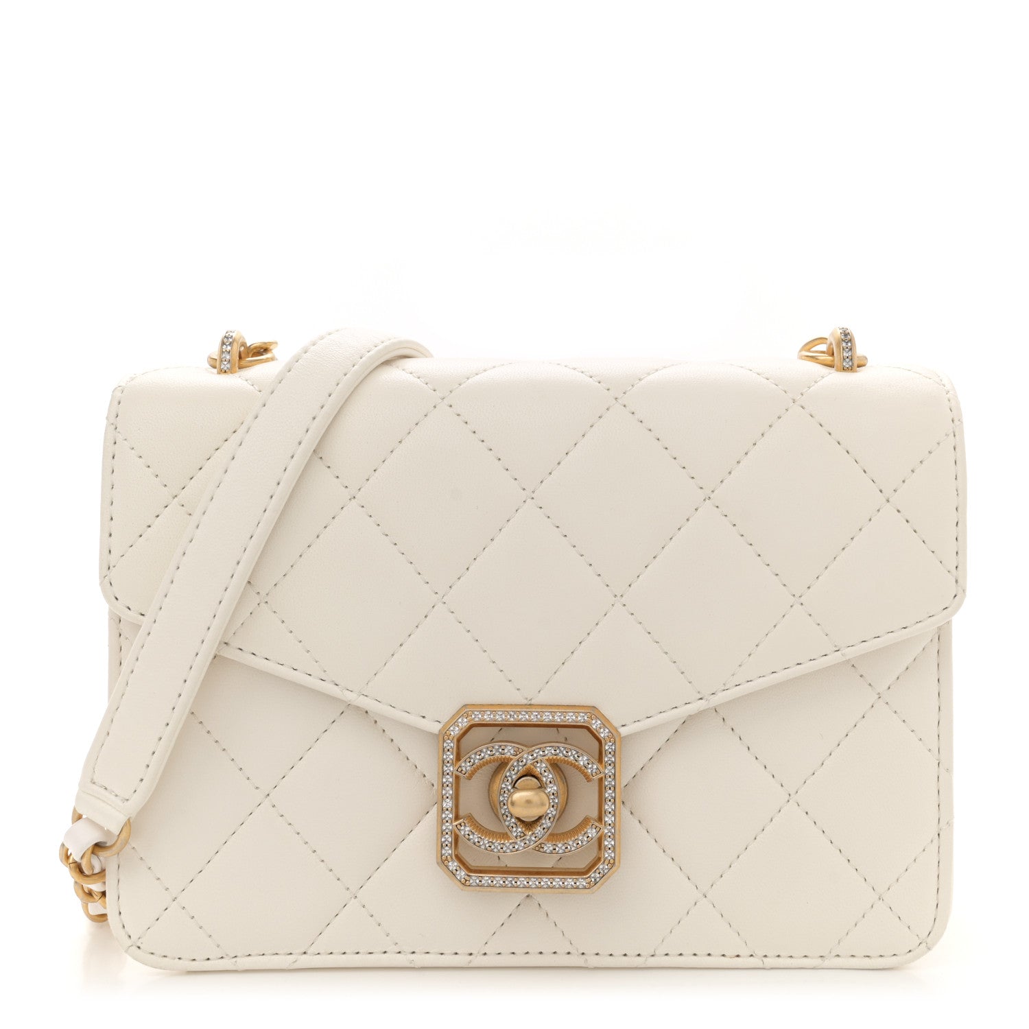 Calfskin Strass Quilted Flap White