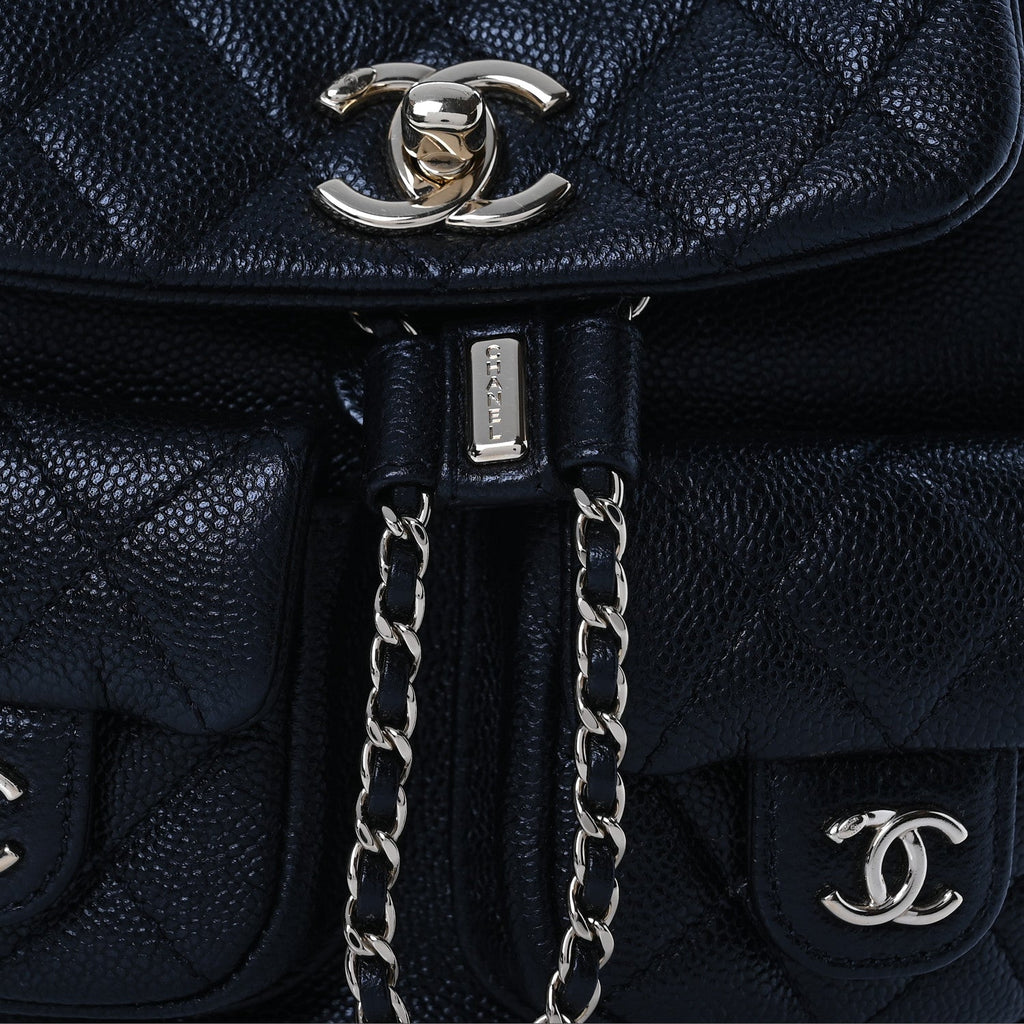 Shiny Caviar Quilted Small Duma Pockets Drawstring Backpack Black