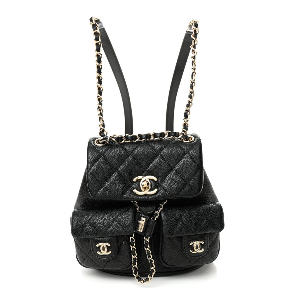 Shiny Caviar Quilted Small Duma Pockets Drawstring Backpack Black
