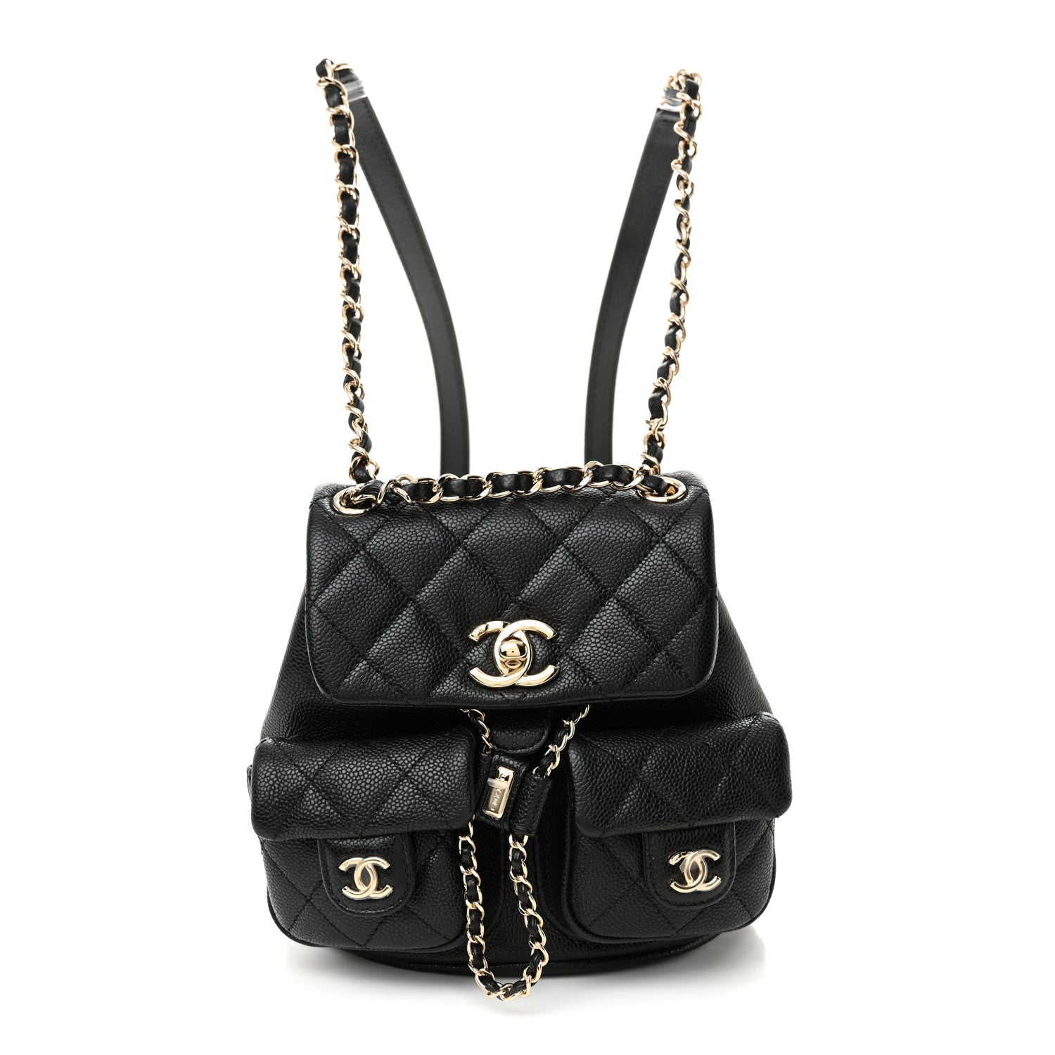 Shiny Caviar Quilted Small Duma Pockets Drawstring Backpack Black