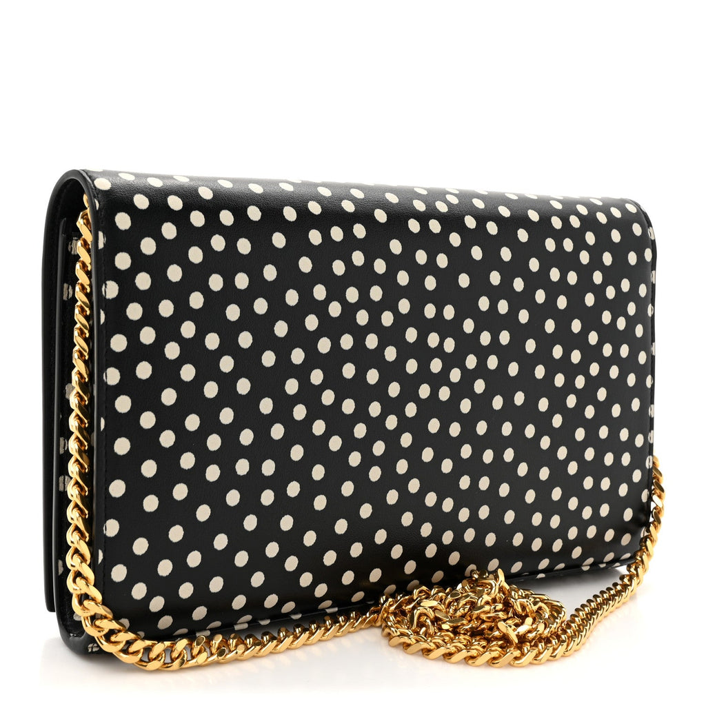 Calfskin Polka Dot Print Monogram Chain Wallet Black Crema Soft