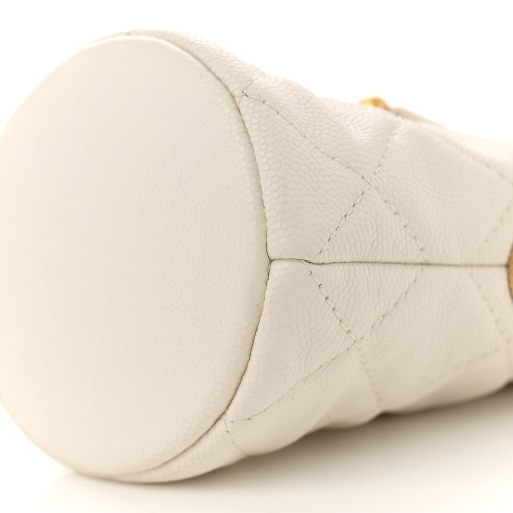 Caviar Quilted Twist Your Buttons Mini Bucket Bag White