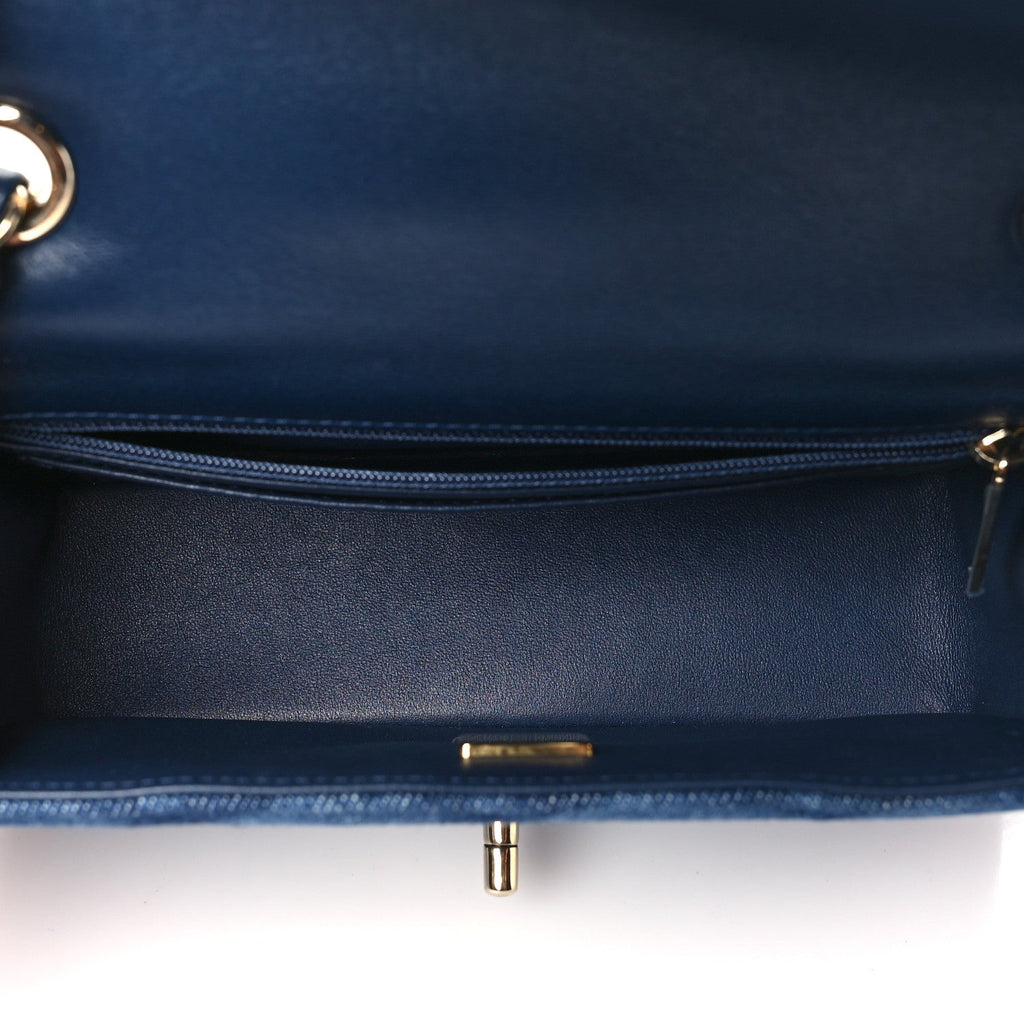 Printed Denim Quilted Mini Rectangular Flap Dark Blue