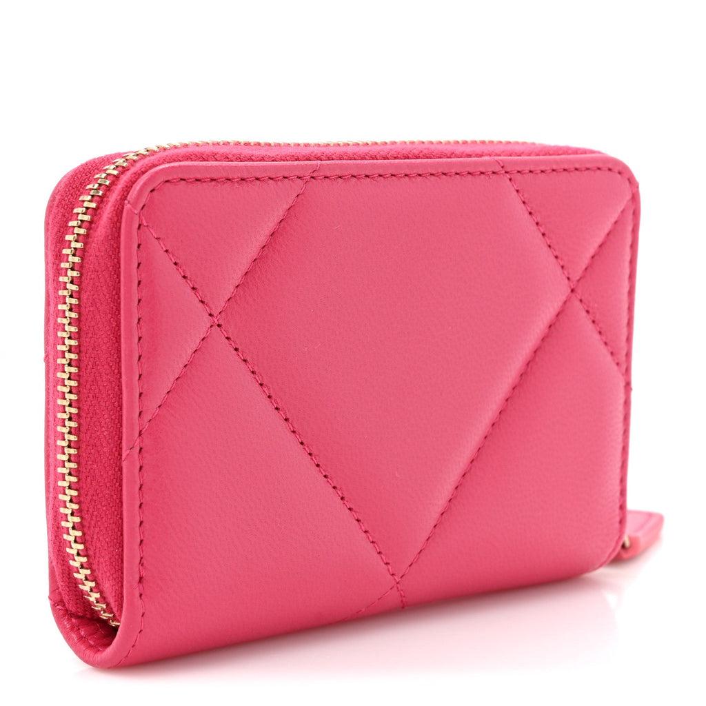 Shiny Goatskin Quilted 19 Zip Around Coin Purse Wallet Dark Pink