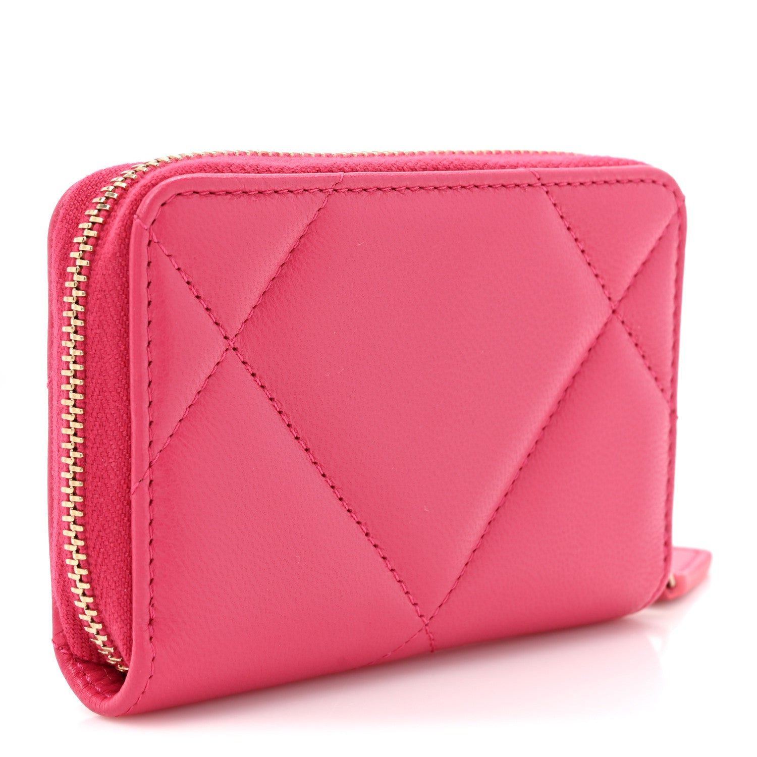 Shiny Goatskin Quilted 19 Zip Around Coin Purse Wallet Dark Pink