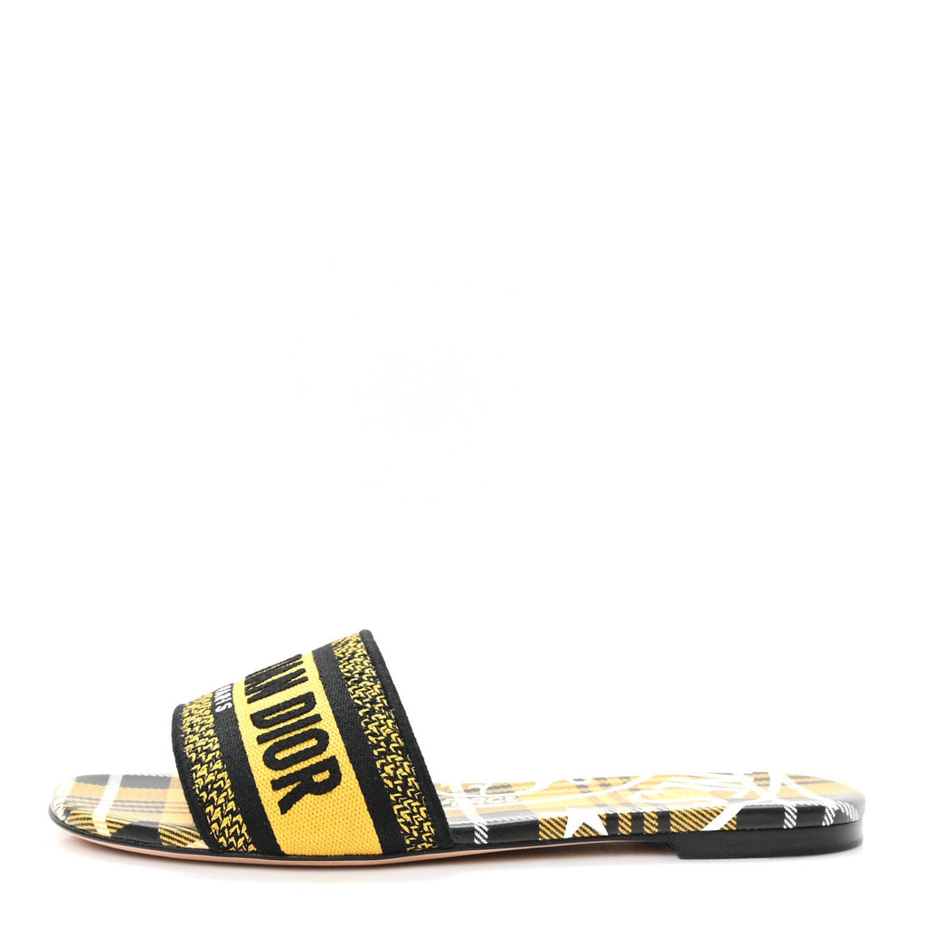 Canvas Union Check Embroidered Dway Flat Slide Sandals 38.5 Black Yellow