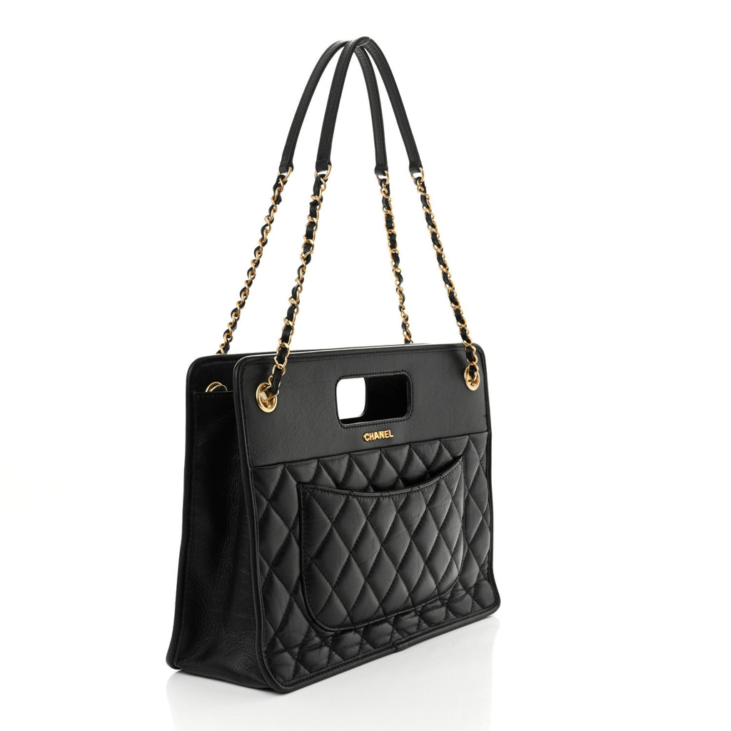 Aged Calfskin Quilted Graphic Catch Shopping Bag Black