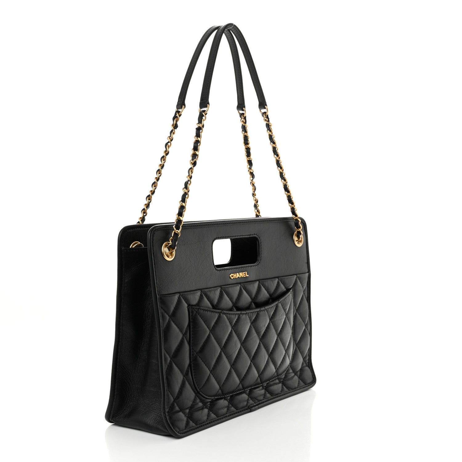 Aged Calfskin Quilted Graphic Catch Shopping Bag Black