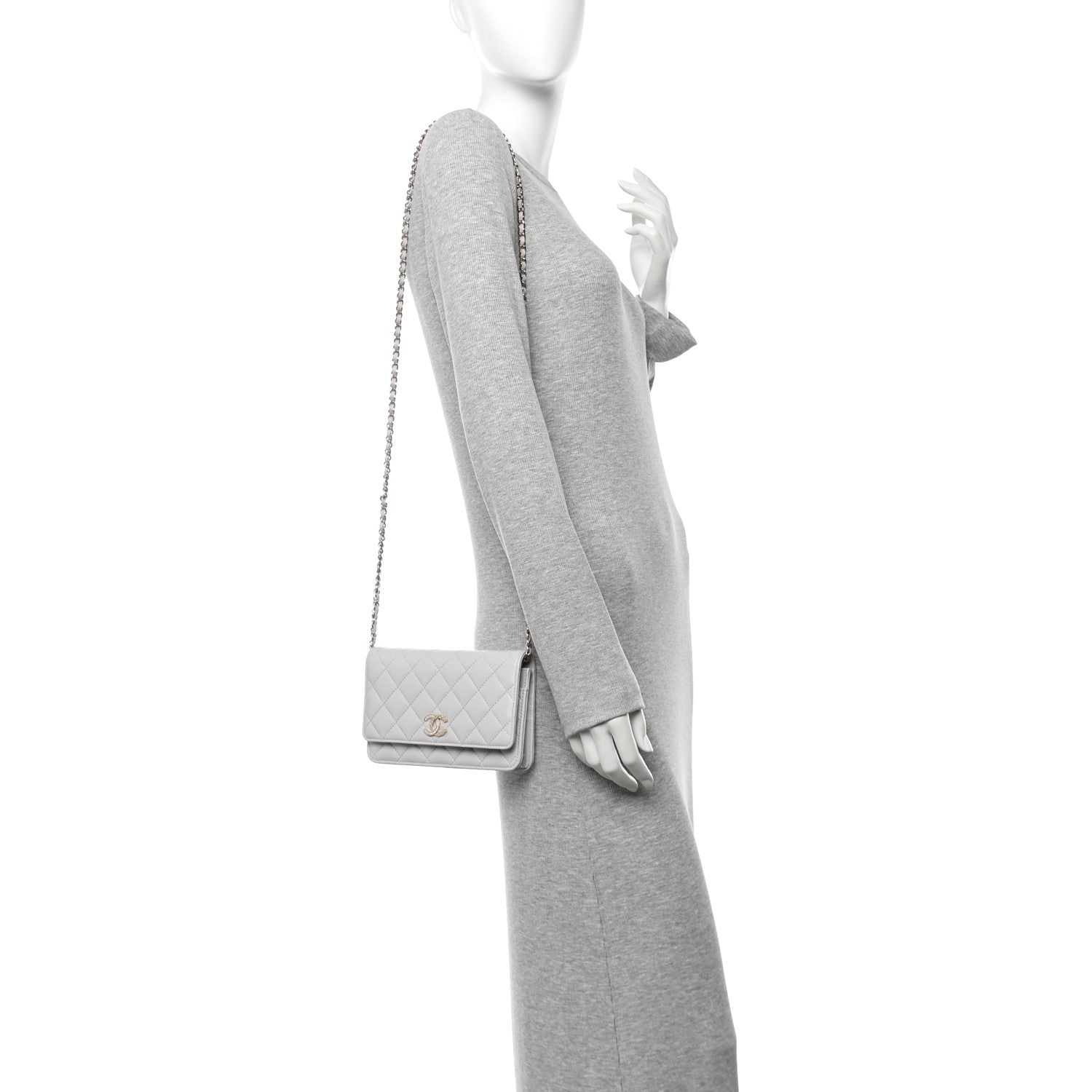 Lambskin Quilted Crystal CC Wallet On Chain WOC Grey