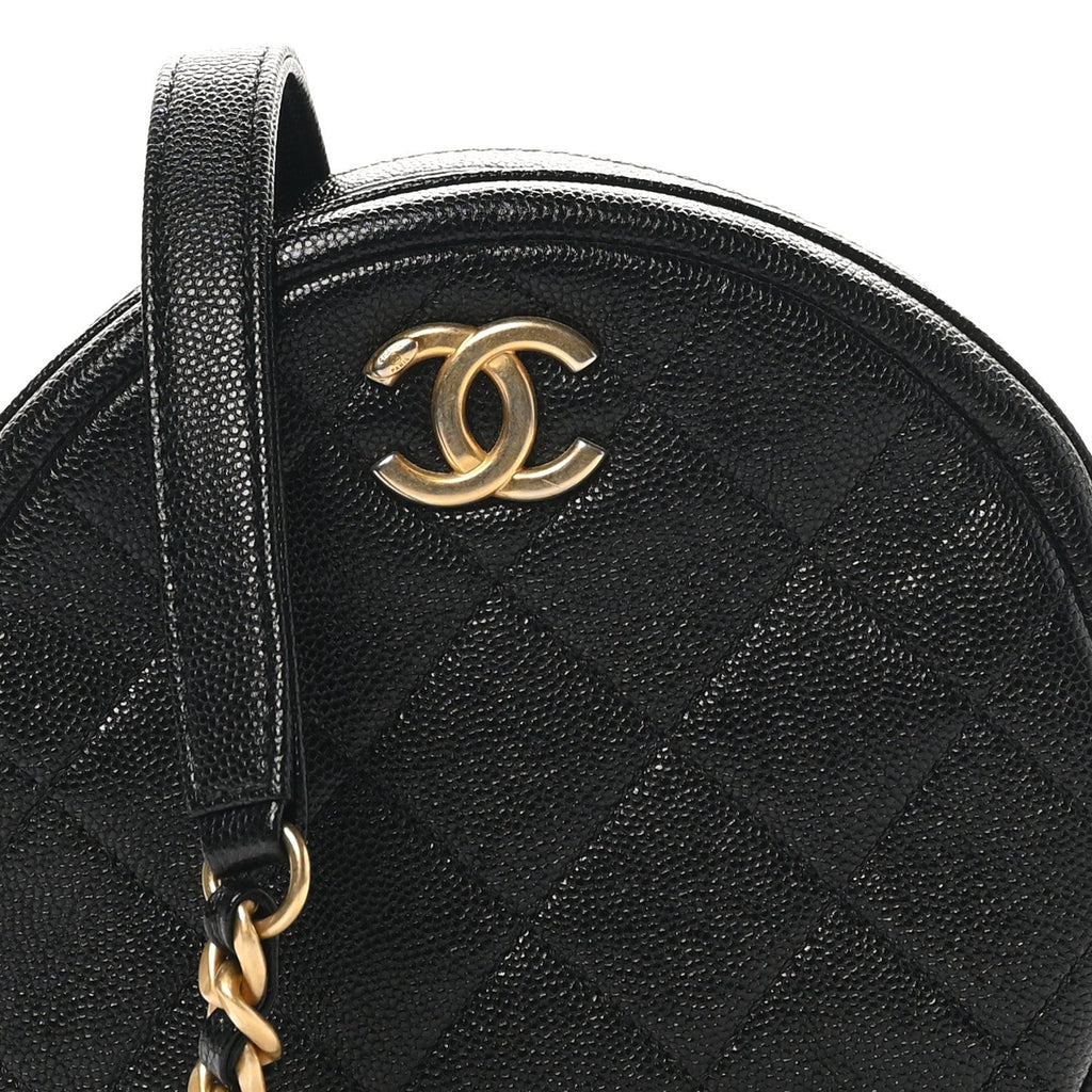 Caviar Quilted Small Round Bag With Chain Black