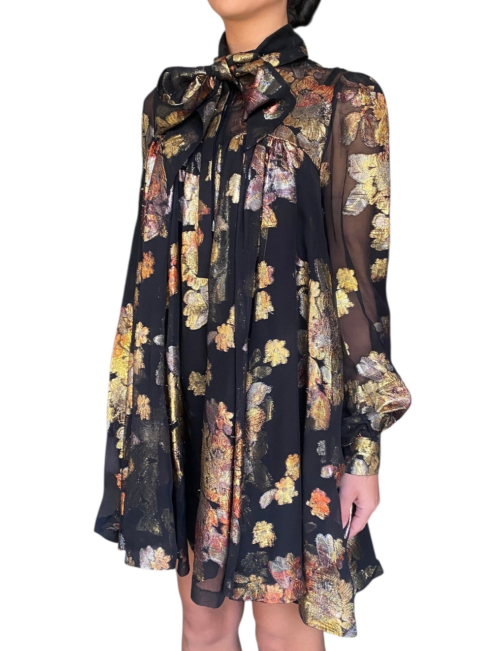 Saint Laurent Black Floral Silk Jacquard Mini Flared Dress - 40