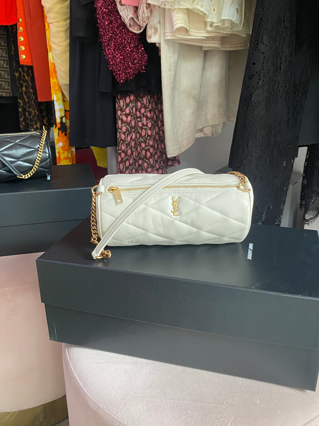 Saint Laurent Ivory Quilted Lambskin Mini Sade Tube Bag
