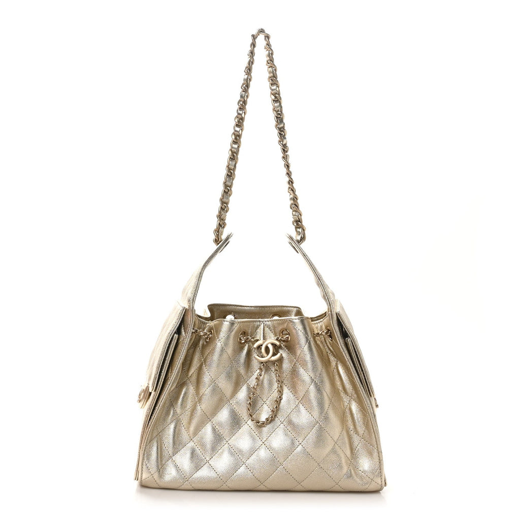 Metallic Caviar Quilted Small Chanel 25 Handbag Gold
