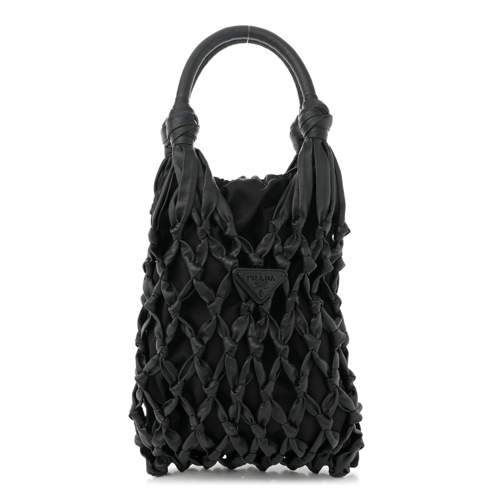Nylon Calfskin Rete Top Handle Bag Black