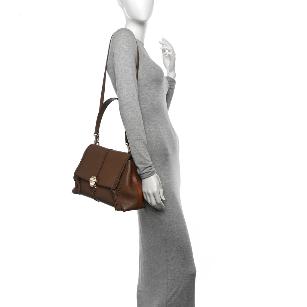 Grained Calfskin Medium Penelope Shoulder Bag Nut