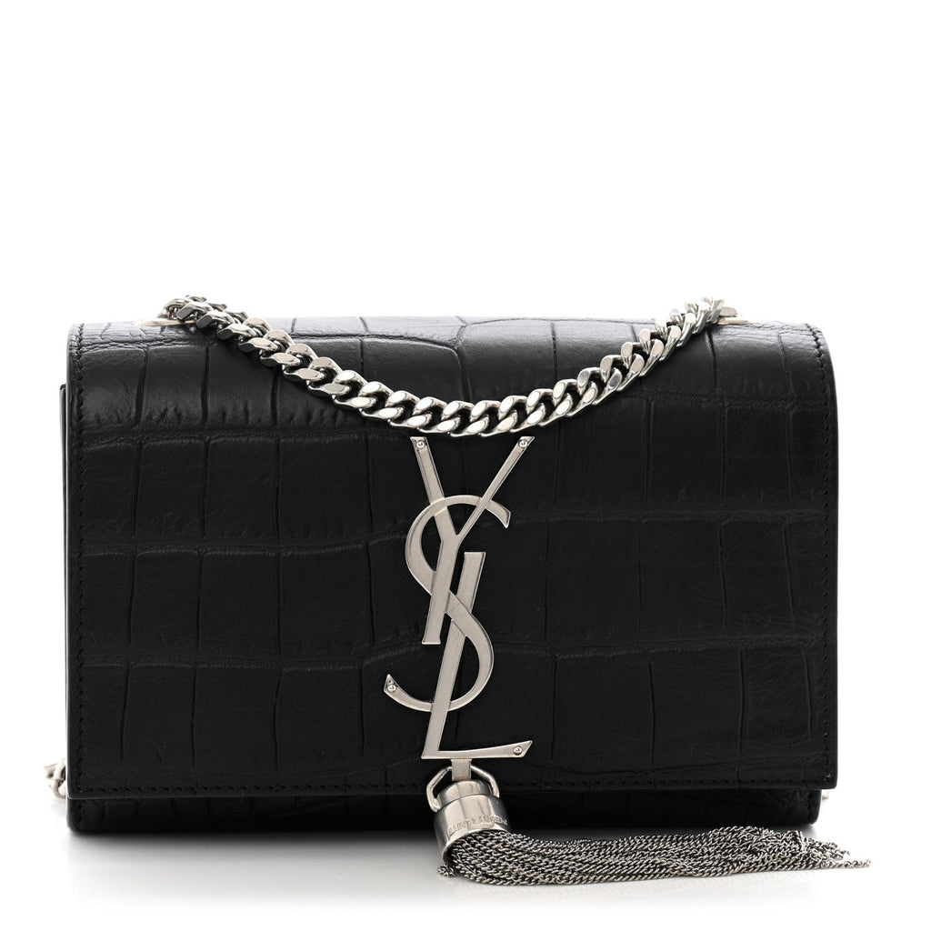 Calfskin Crocodile Embossed Small Classic Monogram Kate Tassel Satchel Black
