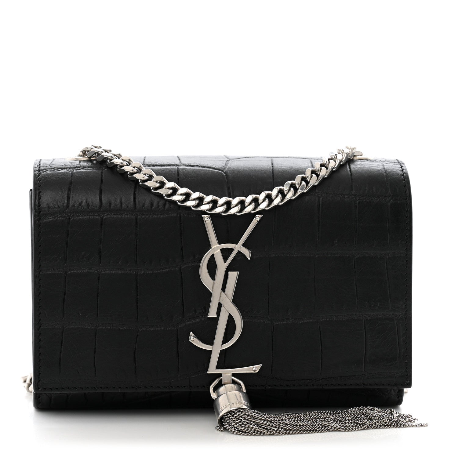 Calfskin Crocodile Embossed Small Classic Monogram Kate Tassel Satchel Black