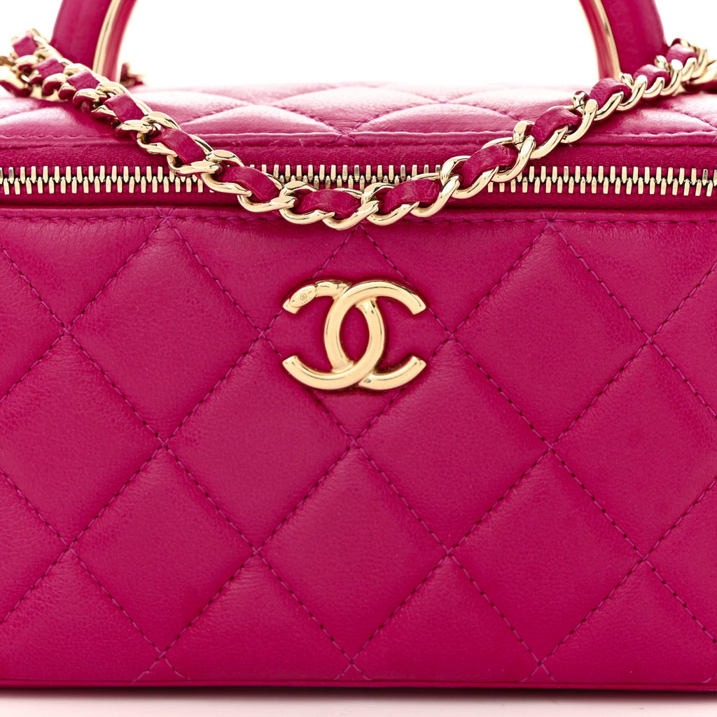 Lambskin Quilted Small Charming Top Handle Vanity Case With Chain Dark Pink