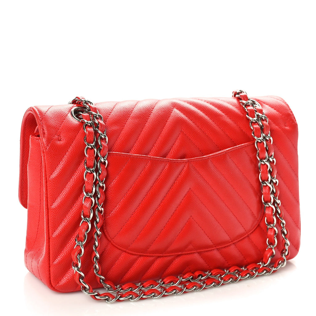 Caviar Chevron Quilted Medium Double Flap Red