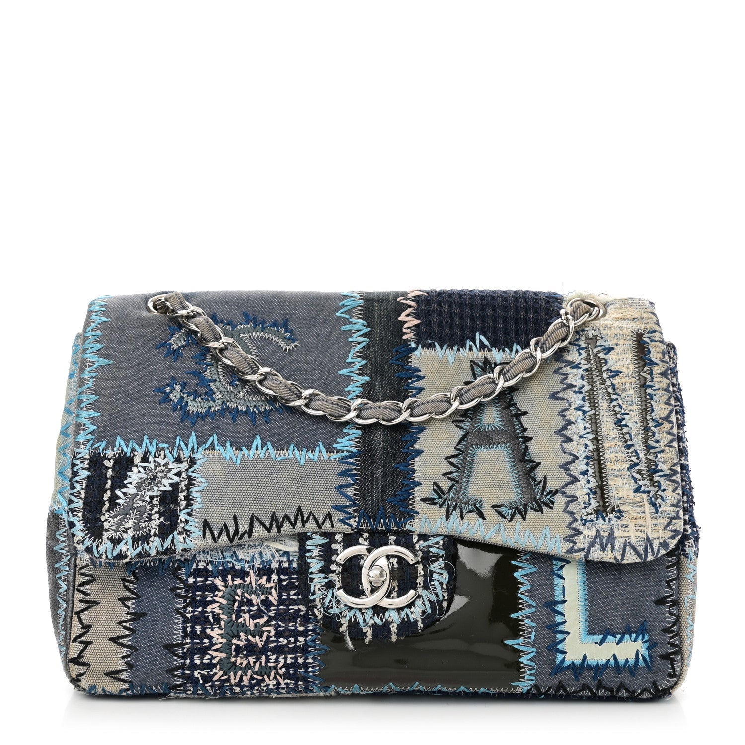 Denim Tweed Patchwork Jumbo Single Flap Blue