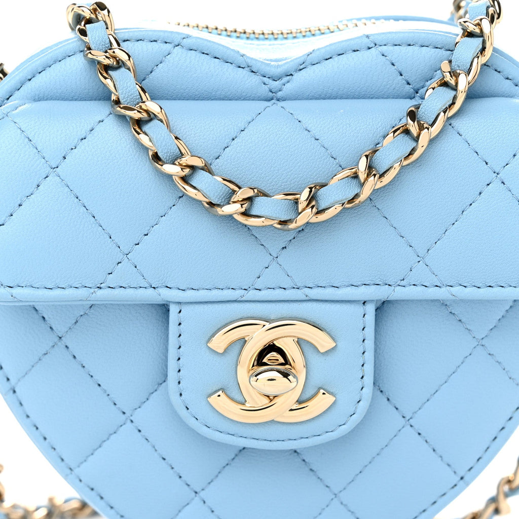 Lambskin Quilted CC In Love Heart Clutch With Chain Light Blue