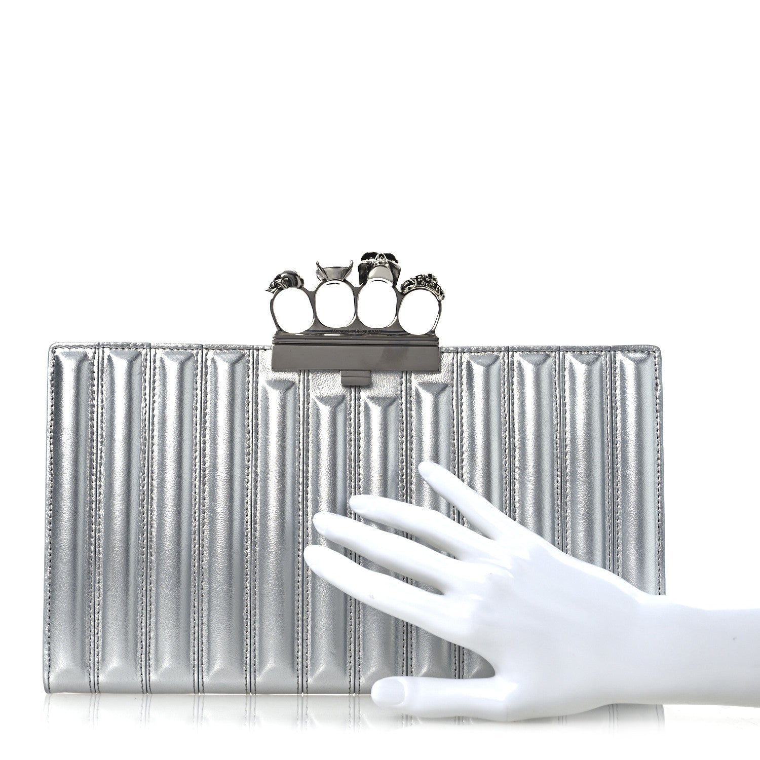 Metallic Calfskin Quilted Four Ring Knuckle Flat Clutch Silver