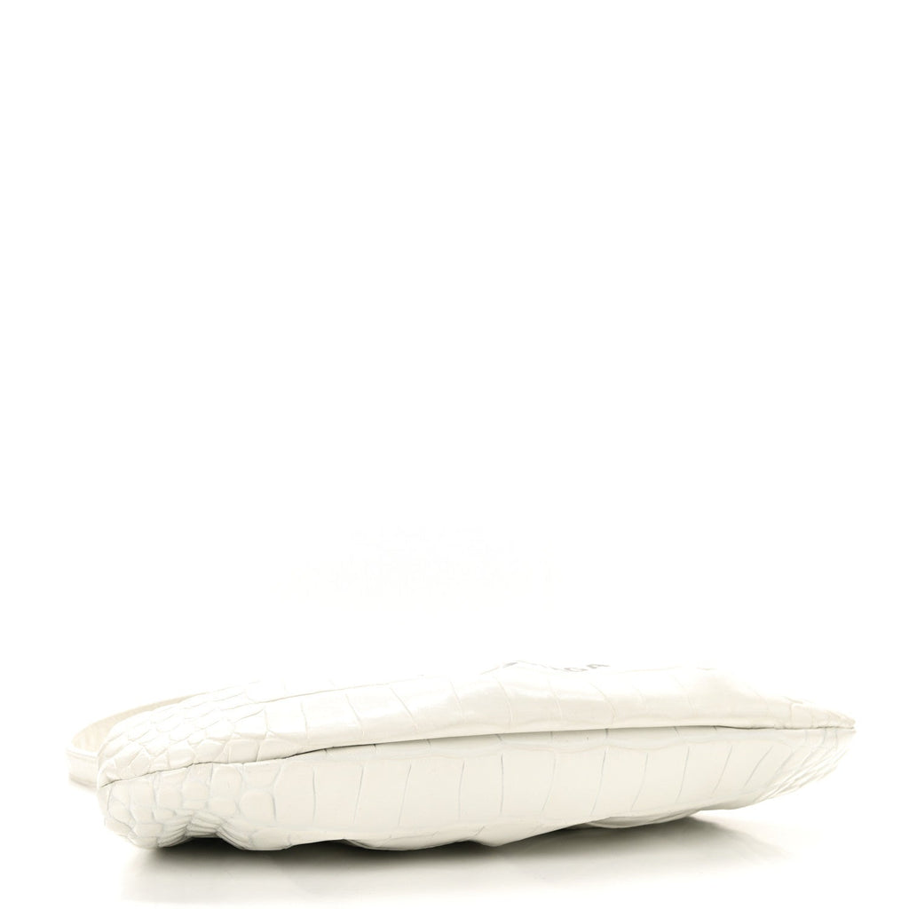 Shiny Supple Calfskin Logo Crocodile Embossed Cloud Clutch XS White