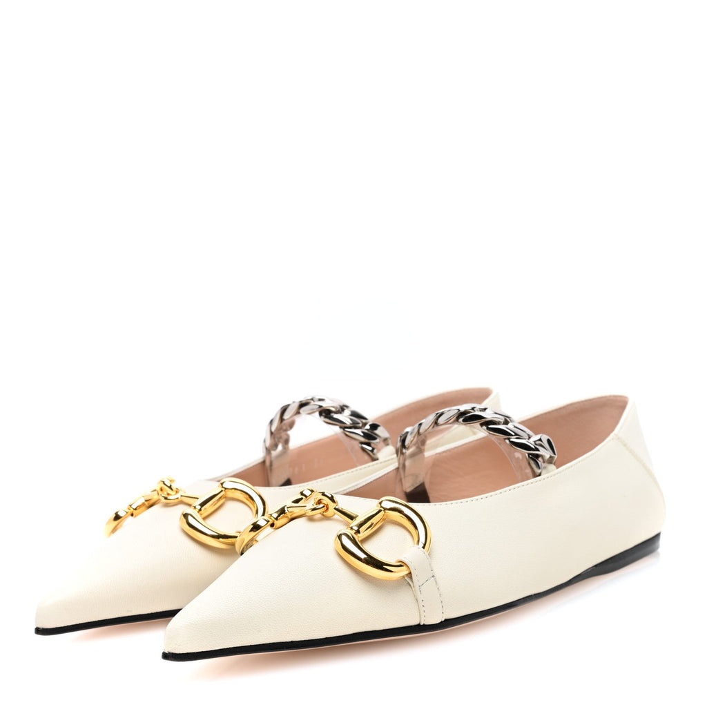 Nappa Lumiere Deva Horsebit Chain Embellished Flats 35 Dusty White