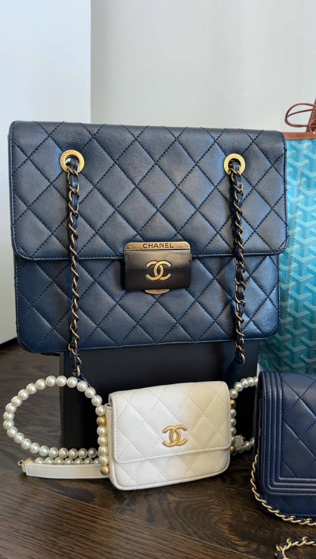 Chanel Navy Sheepskin Quilted Small Beauty Lock Chain Tote Bag